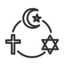 the cross, the star and the crescent, and the star of David connected in a circle